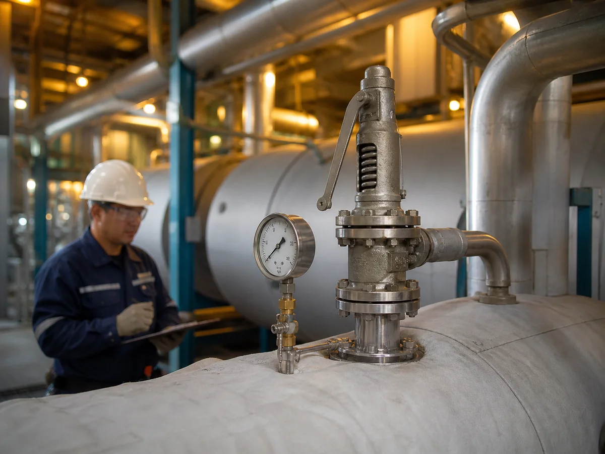 ZOBAI Boiler Safety Valve Steam Capacity Pressure Review Boiler safety valve installed on a steam header for pressure and capacity review