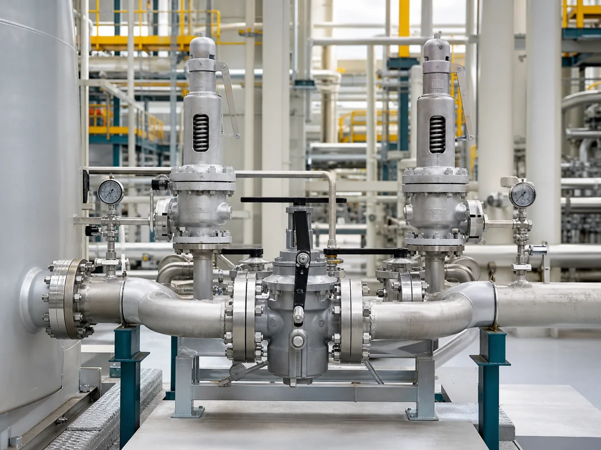 Dual safety relief valves connected through a changeover valve manifold on a clean process skid