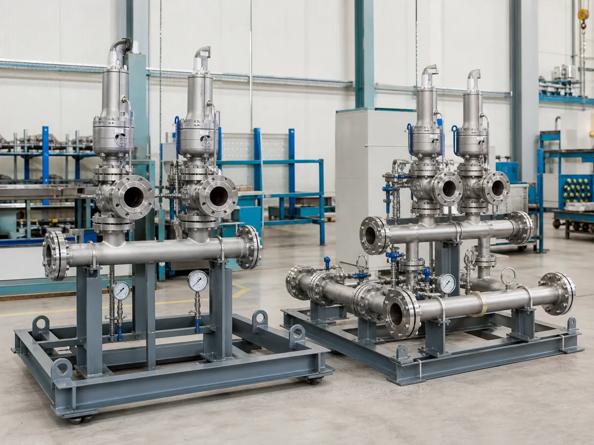 Changeover safety valve inlet-only and tandem manifold configurations arranged on factory skids