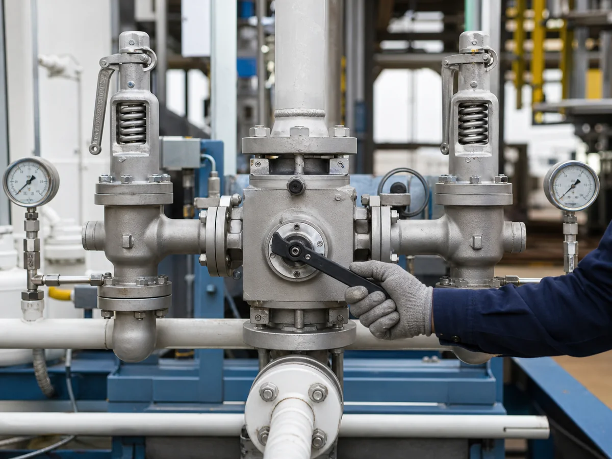 Technician operating a changeover valve handle between two installed safety relief valves