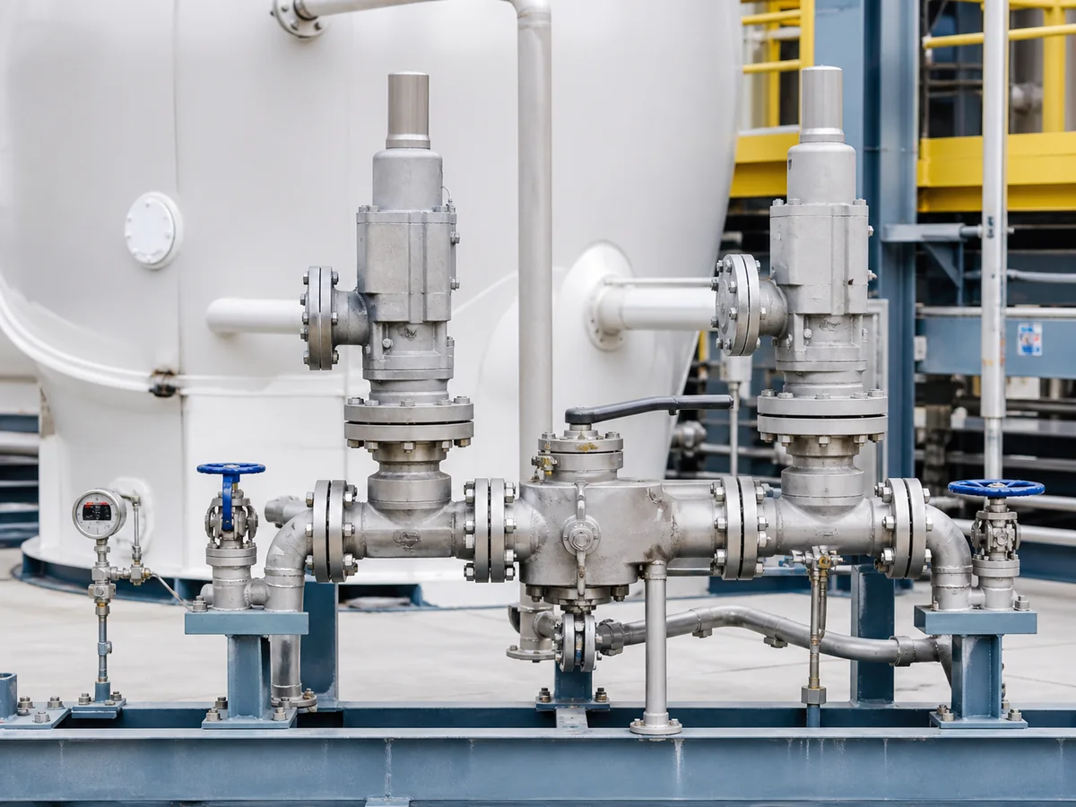 Dual PSV system with changeover and isolation valve hardware installed beside a process vessel