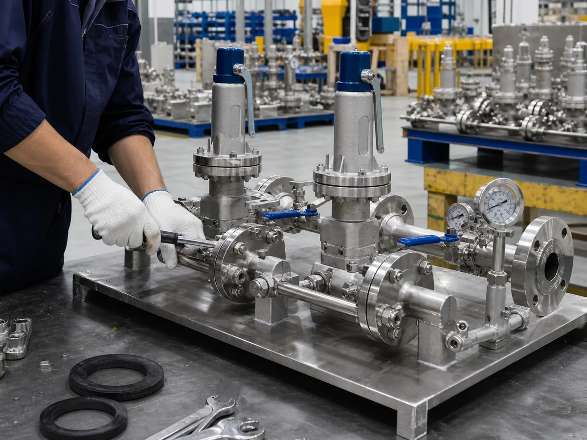 Factory quality inspection of a dual PSV changeover valve manifold assembly