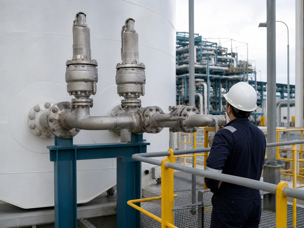Dual safety relief valves installed on a process vessel with field access for inspection