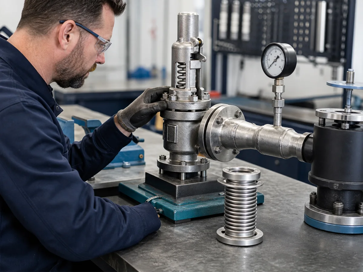 Flanged balanced safety relief valve inspected with outlet piping and bellows component