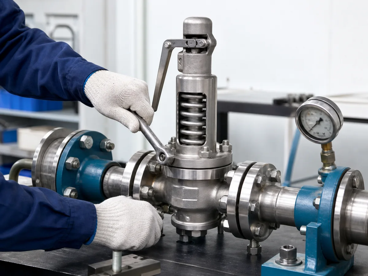 Flanged safety valve bolting and gasket inspection on a factory test bench