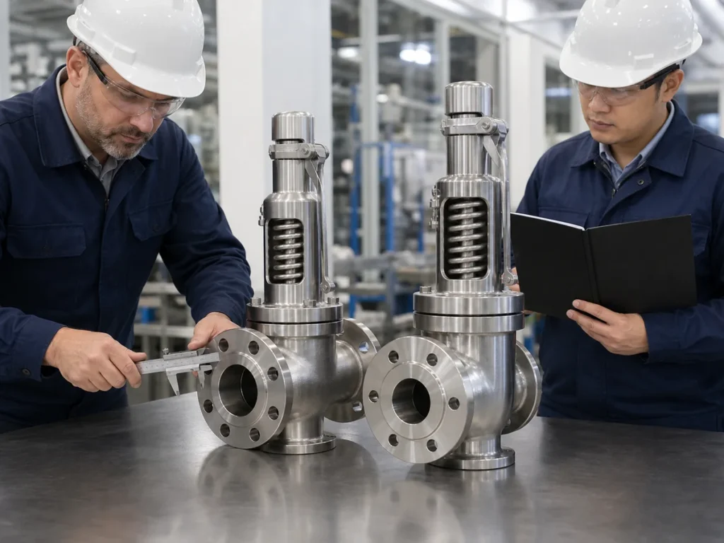 Engineers comparing flange dimensions and approval documents for two safety valve series