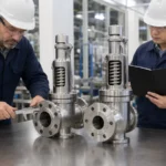Engineers comparing flange dimensions and approval documents for two safety valve series