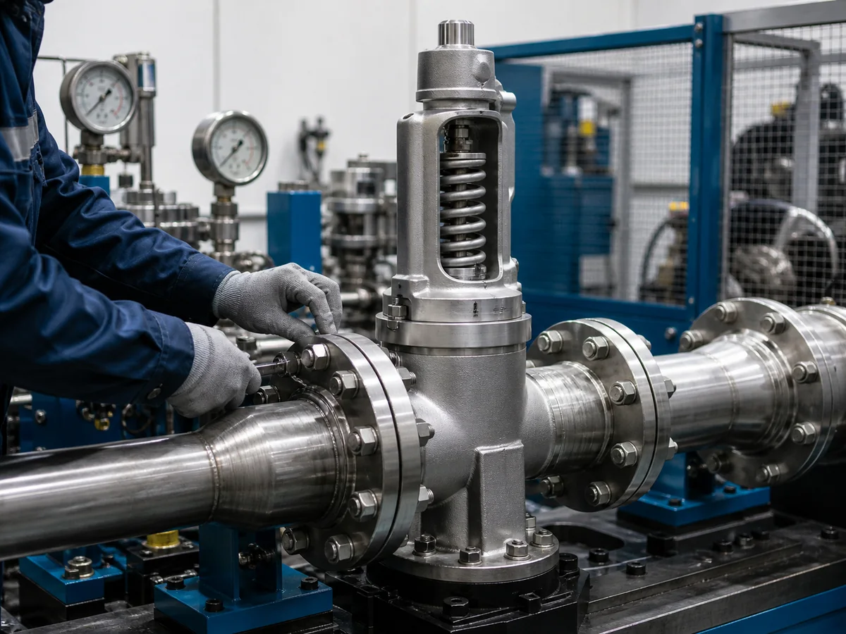 High pressure safety valve mounted on a heavy flanged factory test bench