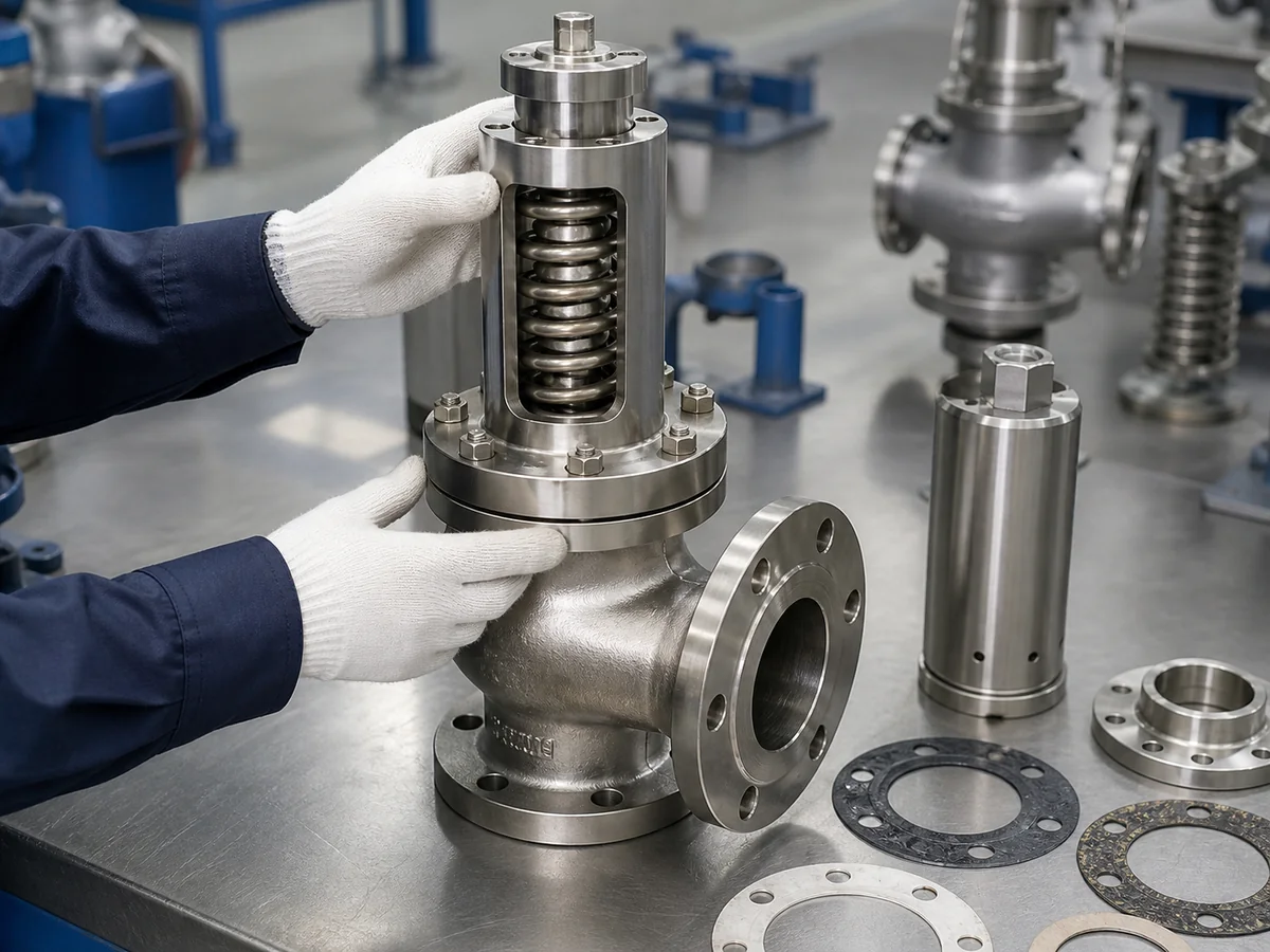 High temperature safety valve bonnet and spring chamber component inspection on a factory bench