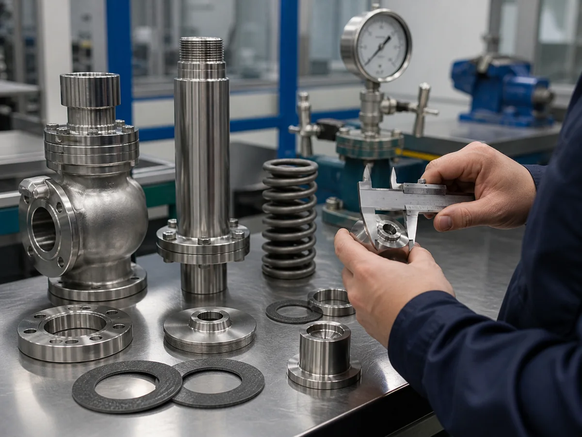 High temperature safety valve components checked with calipers during factory quality review