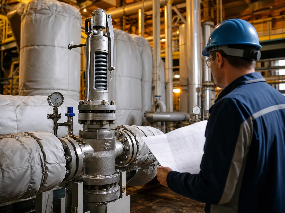 High temperature safety valve installed on insulated process piping during engineering review