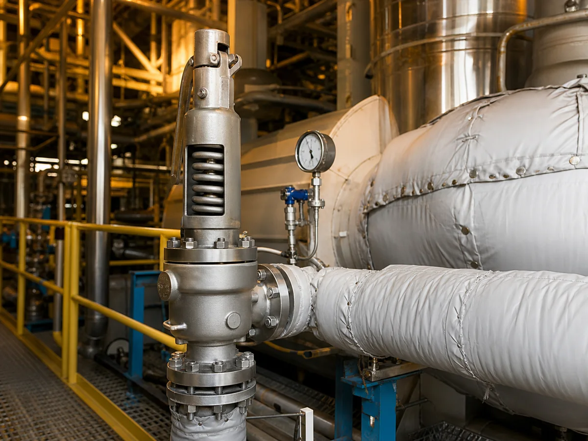 High temperature safety valve installed beside insulated process equipment in hot service