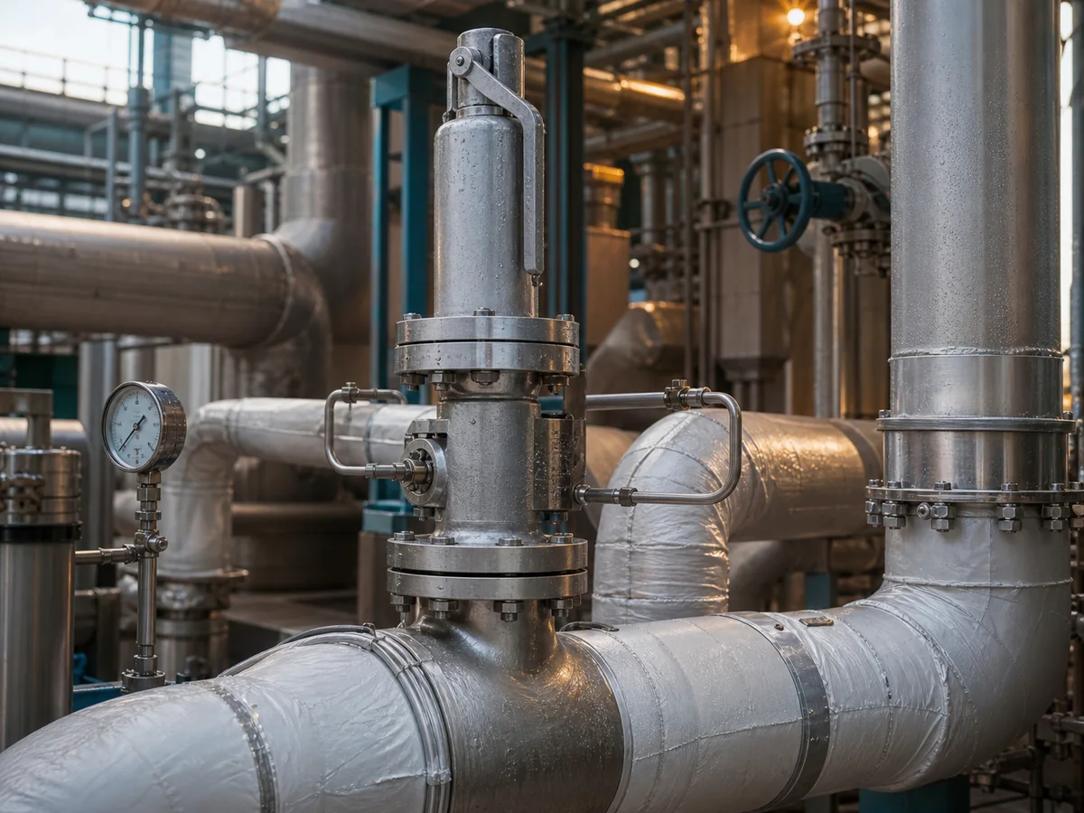 ZOBAI Jacketed Safety Valve Heated Process Line Jacketed safety valve installed on a heated insulated process line in chemical service