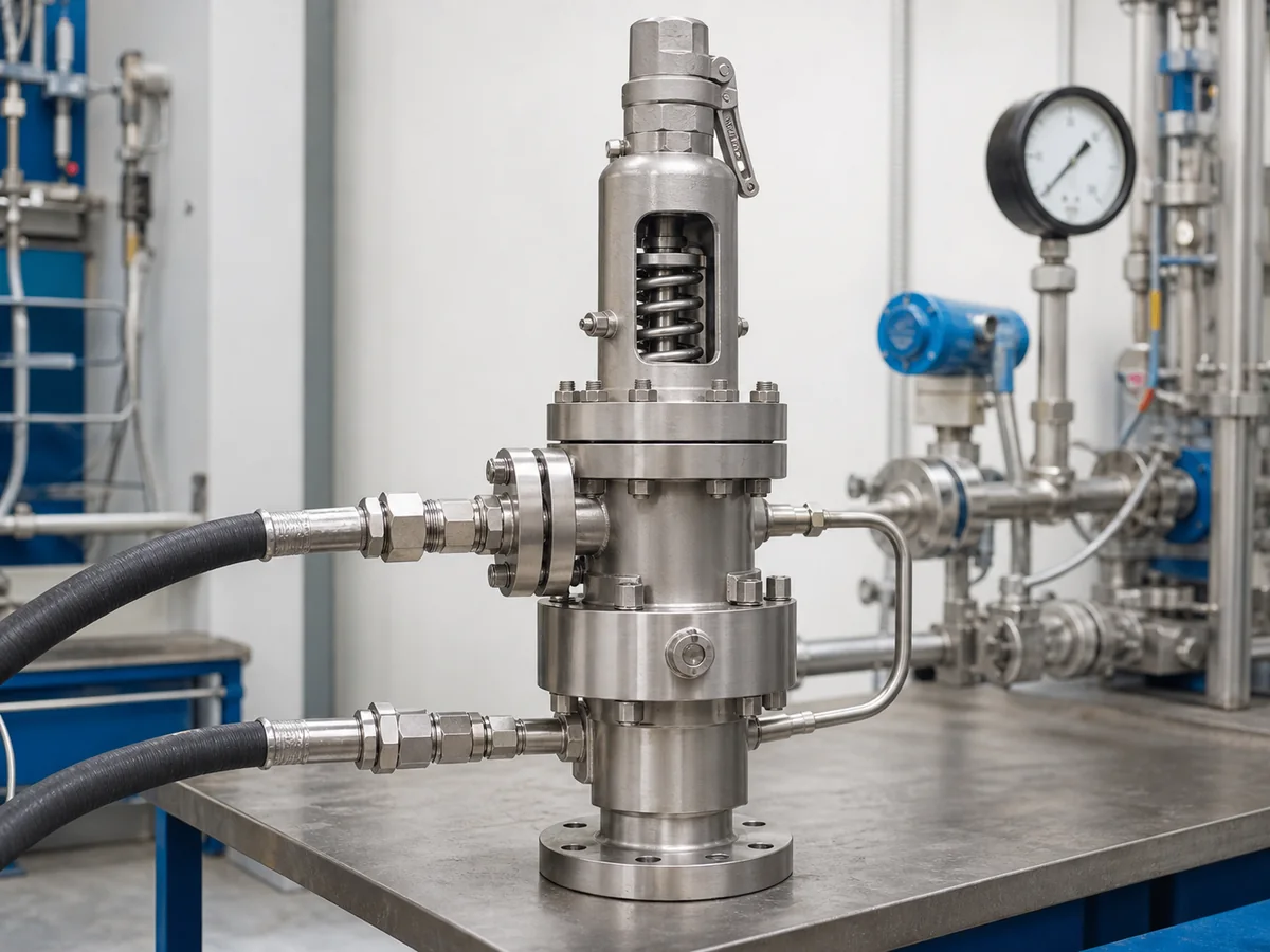 ZOBAI Jacketed Safety Valve Heating Jacket Connections Jacketed safety valve on a factory test bench with heating jacket service connections