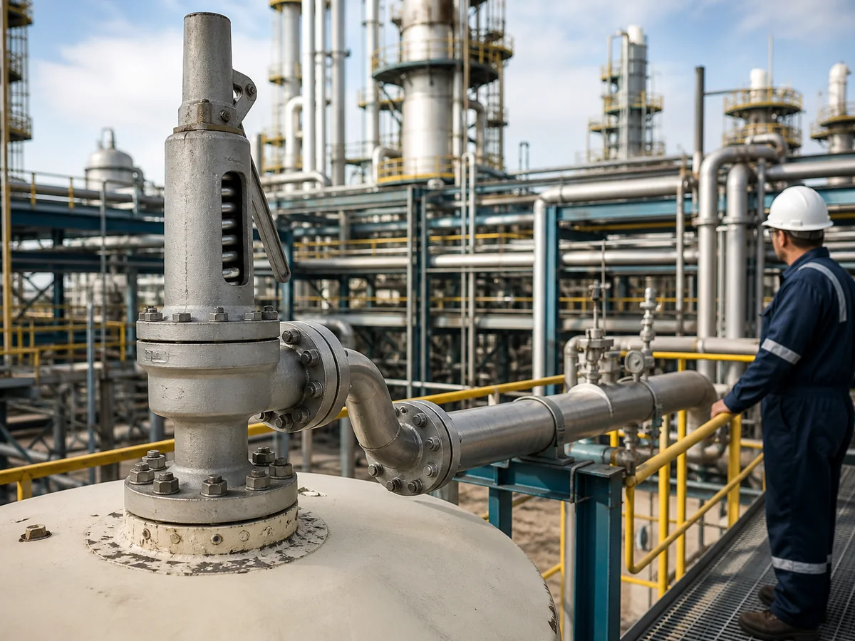 Soupape de sécurité de raffinerie raccordée à la tuyauterie de sortie pour l'examen de la contre-pression dans l'industrie pétrolière
