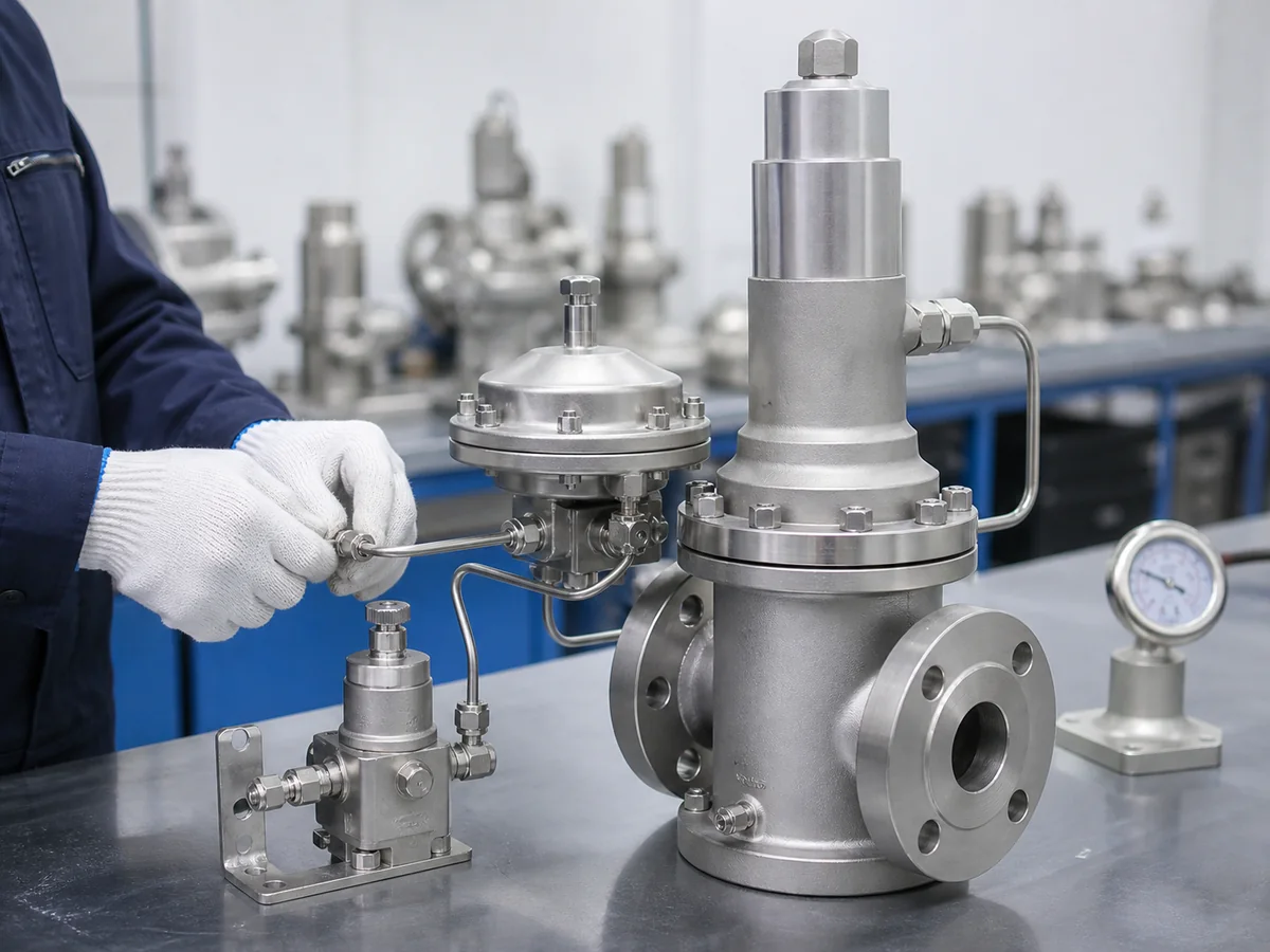 Pilot operated safety relief valve with pilot valve sensing tubing and main valve assembly
