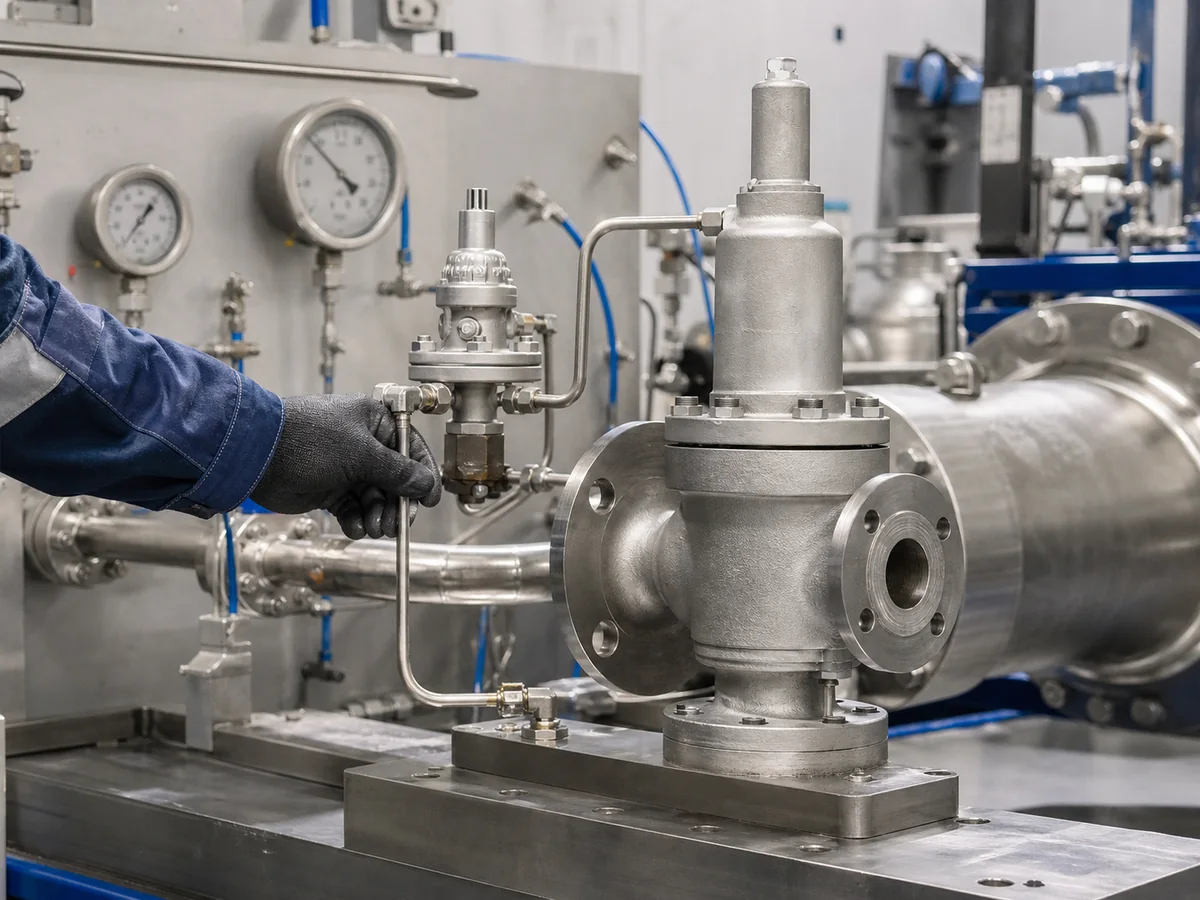 Pilot operated safety relief valve connected to a factory test rig for operation review