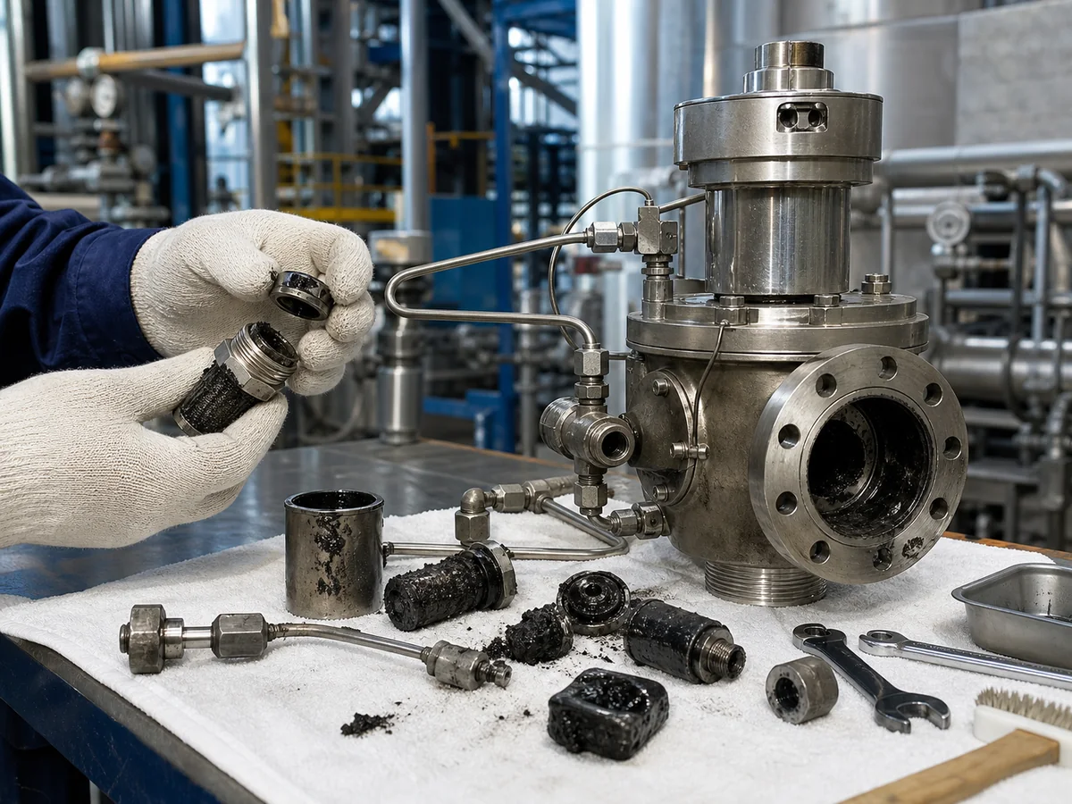 Pilot operated safety valve pilot circuit inspection with waxy service residue on removed parts