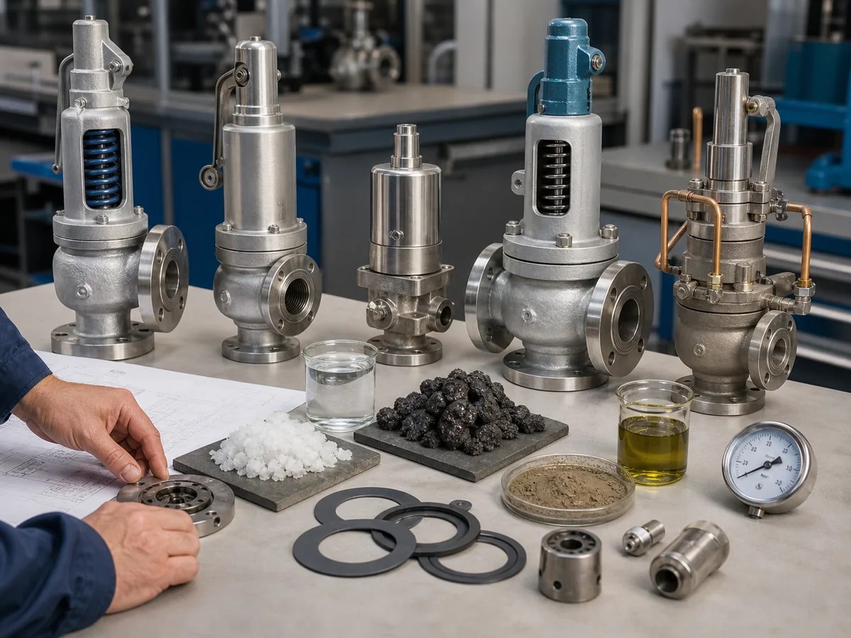 Pressure relief valve types arranged with service media samples for selection review