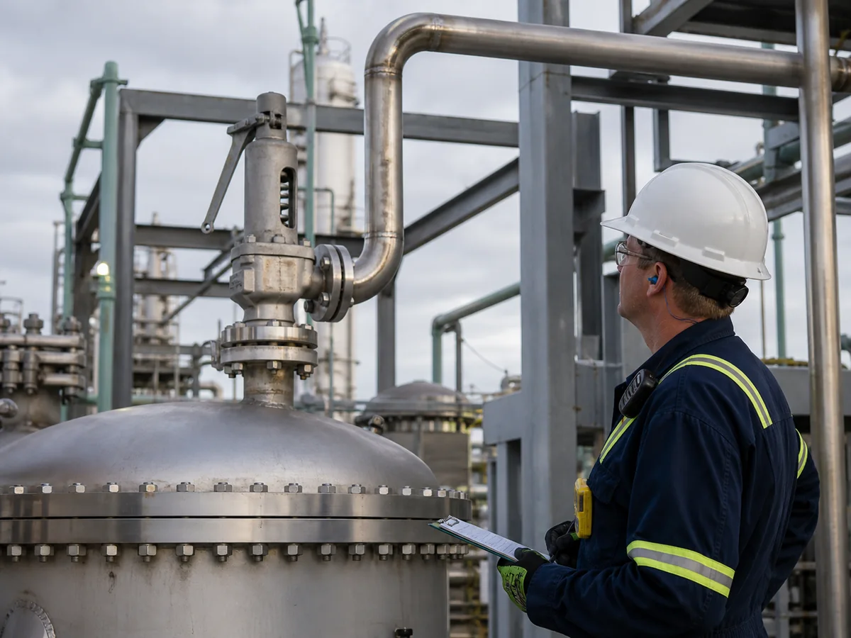 Pressure relief valve installed on a process vessel with supported discharge piping