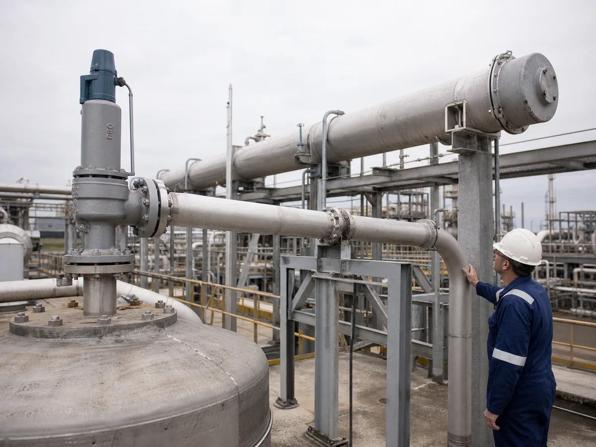 Safety relief valve outlet piping routed and supported toward an elevated relief header