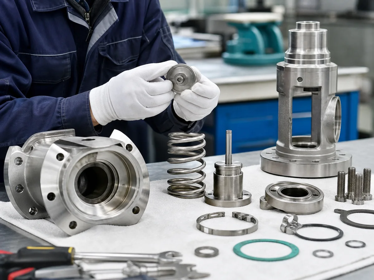 Disassembled safety valve components inspected on a maintenance bench