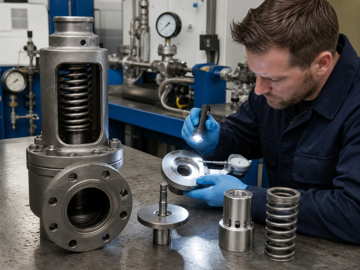 Safety valve disc nozzle and spring components inspected after blowdown and reseating tests