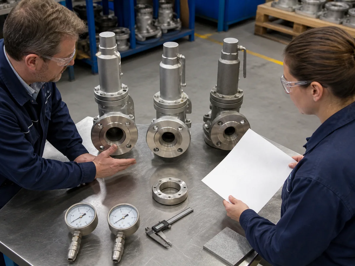 Engineers comparing safety valves gauges flange sizes and material samples for selection