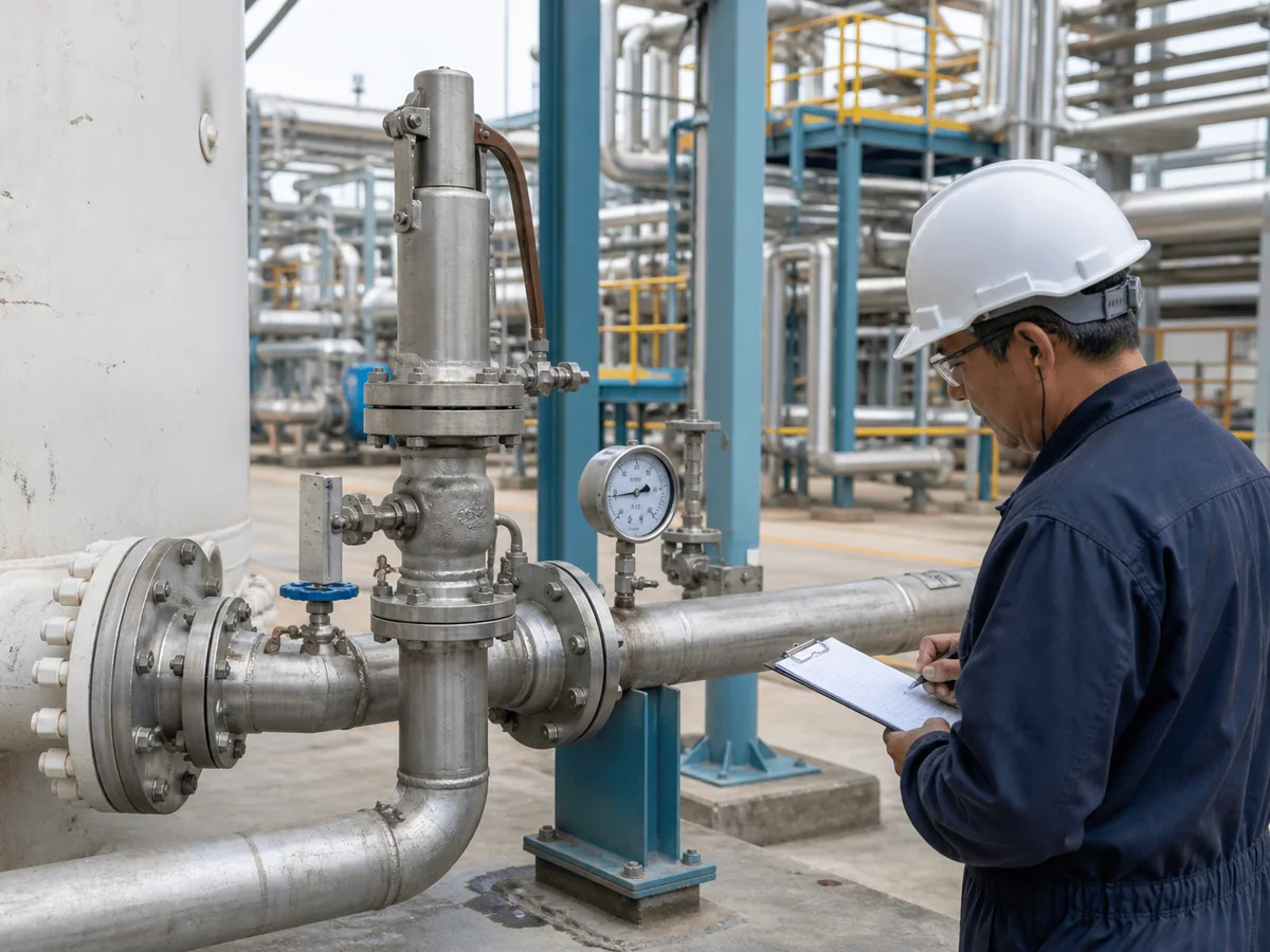 ZOBAI Safety Valve Chattering Field Diagnosis Plant engineer inspecting a spring-loaded safety valve installation for chattering diagnosis