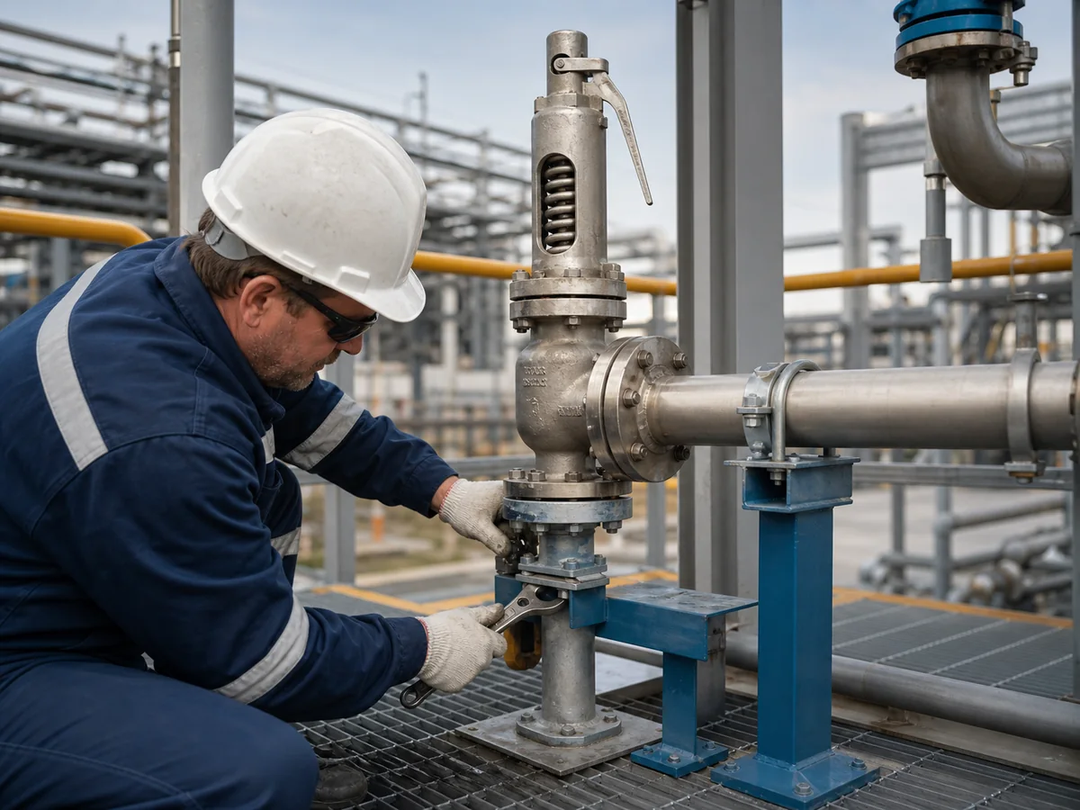 ZOBAI Safety Valve Chattering Pipe Support Correction Technician checking pipe support near a spring-loaded safety valve after chattering diagnosis