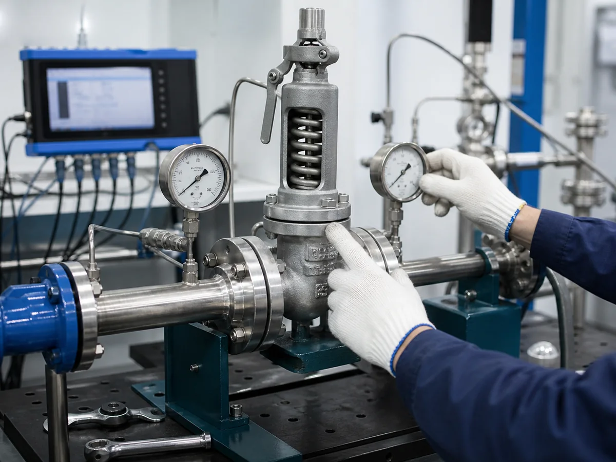 ZOBAI Safety Valve Chattering Test Bench Diagnosis Spring-loaded safety valve diagnostic testing on a factory bench with pressure gauges