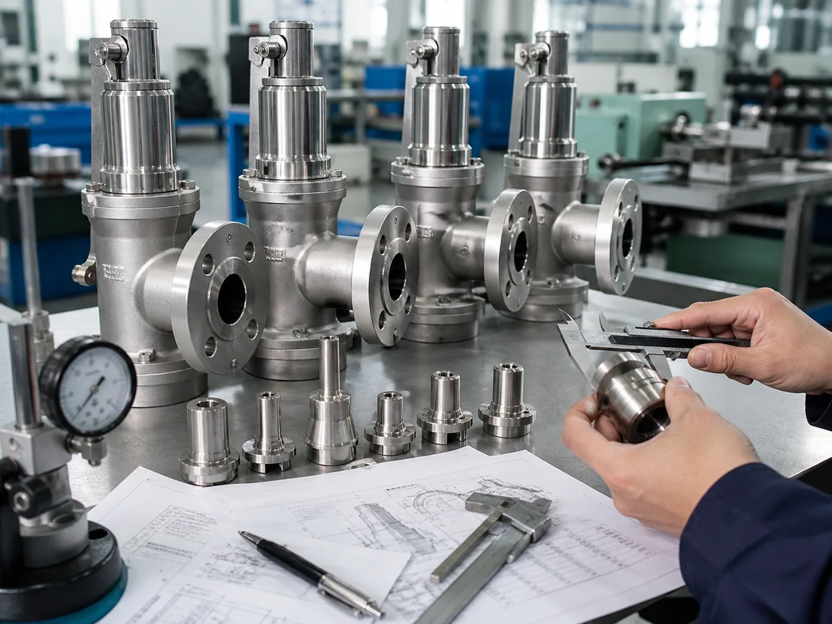 ZOBAI Safety Valve Connection Size and Capacity QC Review Safety valve connection size and internal nozzle capacity review on a factory inspection bench