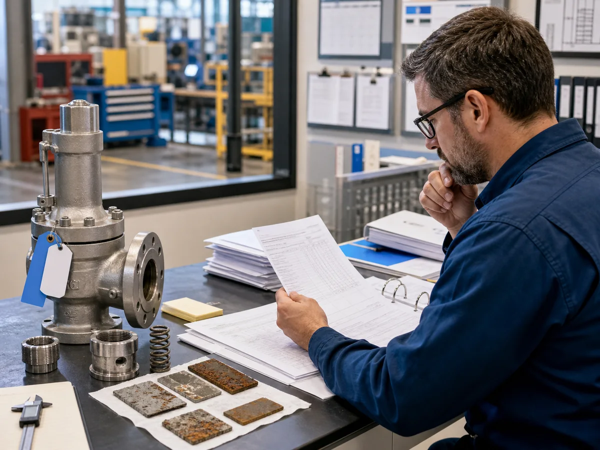 Engineer reviewing safety valve inspection records and service condition samples