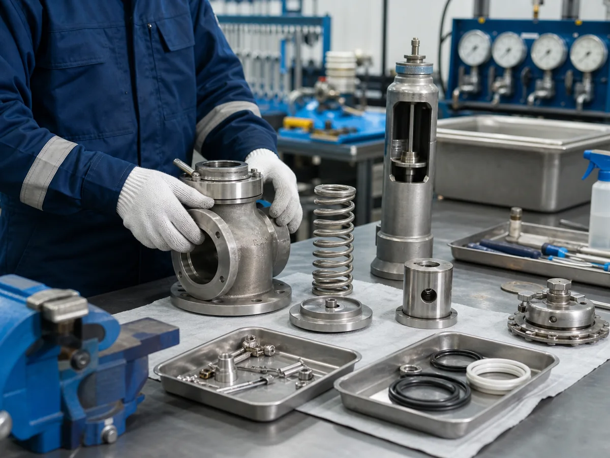 Safety valve maintenance workshop with disassembled valve parts organized for inspection
