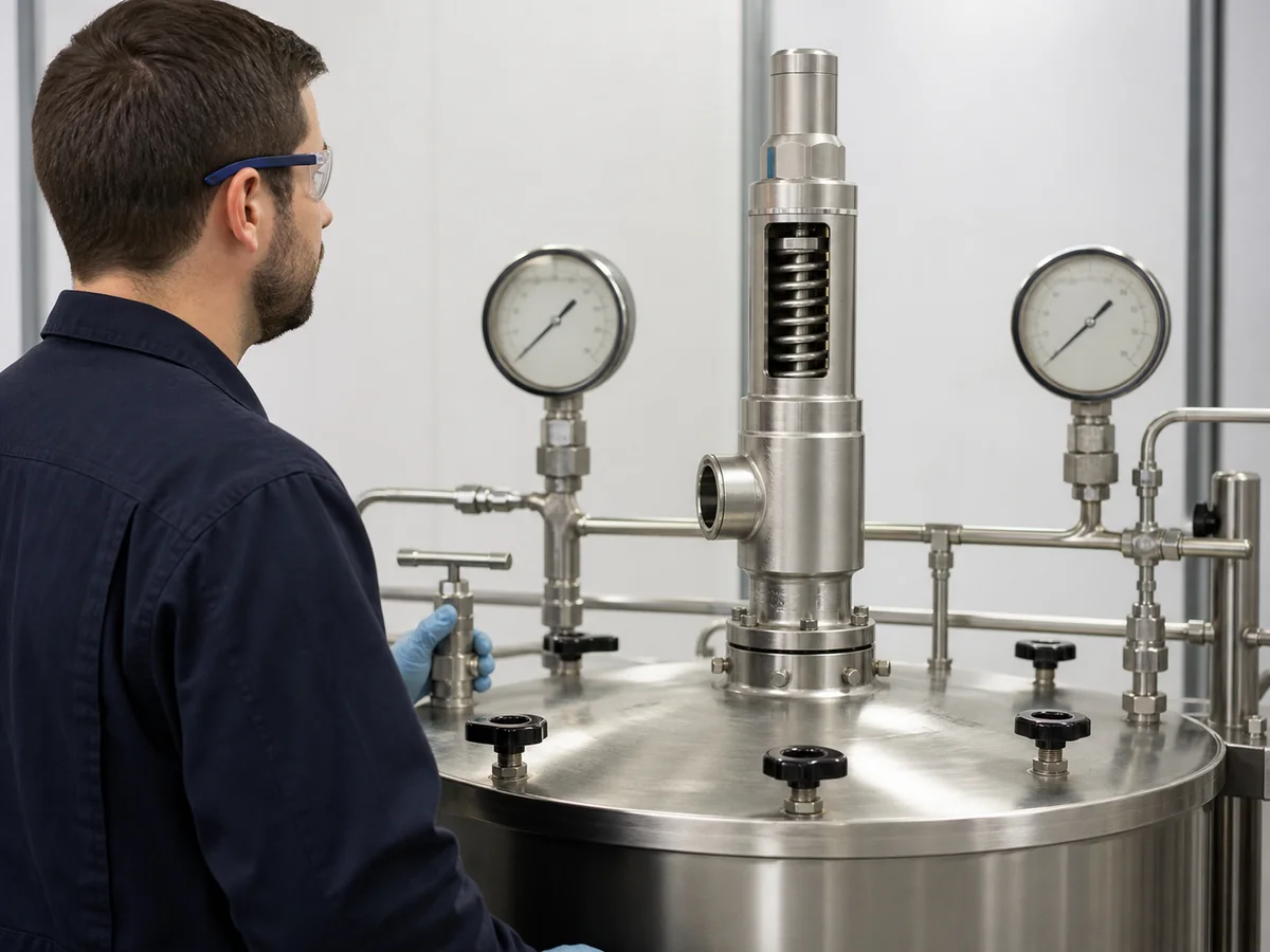 Safety valve test bench used to review pressure performance and required relieving capacity