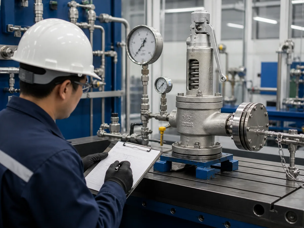 Safety valve test bench with pressure gauges and technician recording inspection results