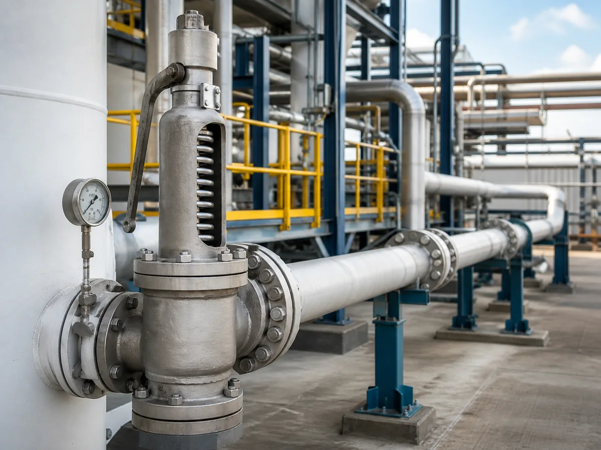 Spring-loaded safety valve connected to outlet piping and discharge header for back pressure review