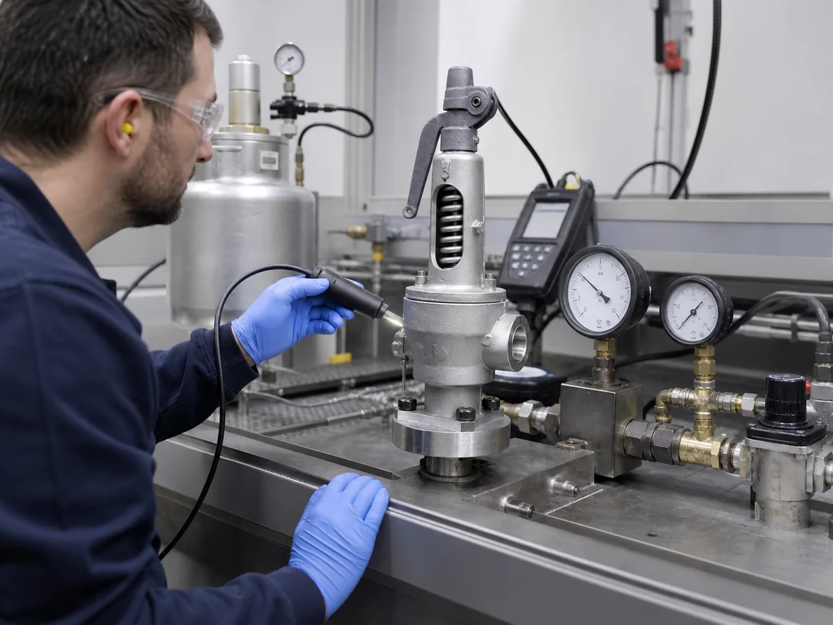 Spring loaded safety valve checked for leakage and simmer near operating pressure