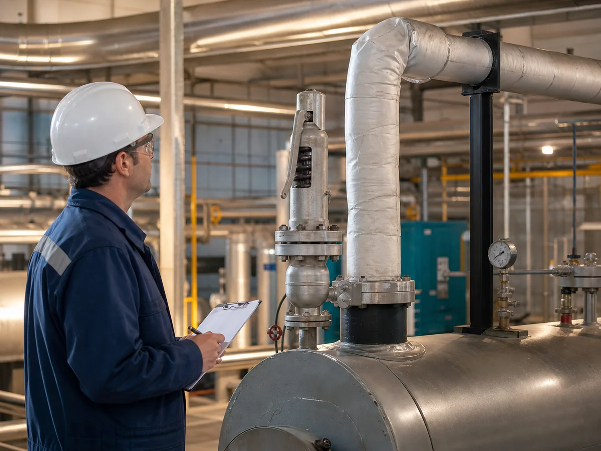 Steam safety valve installed on a boiler header with outlet piping and inspection access