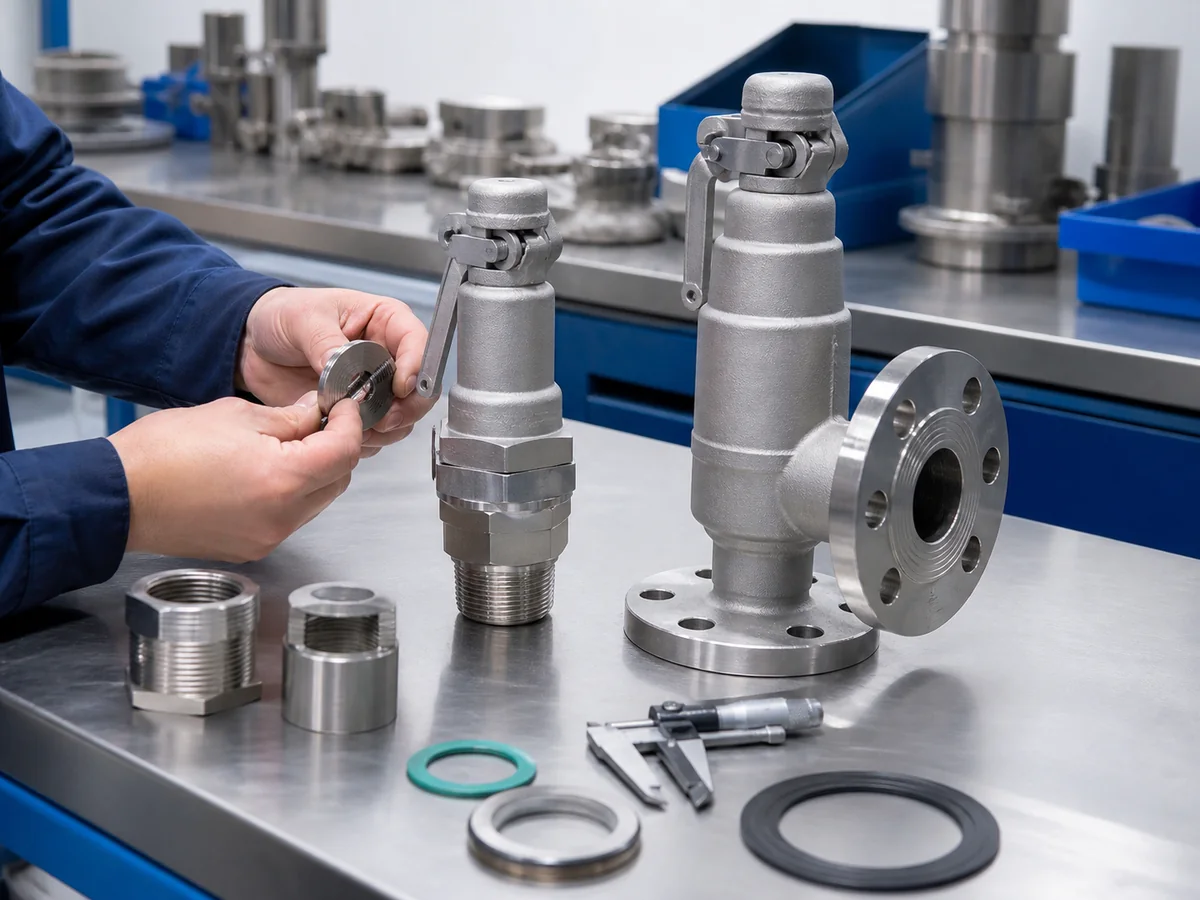 Threaded and flanged safety valve connection checks on a factory inspection table