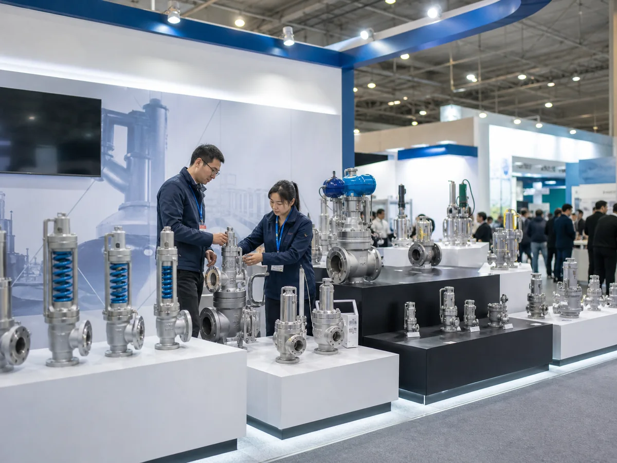 Safety valve exhibition booth with industrial relief valves prepared for visitors