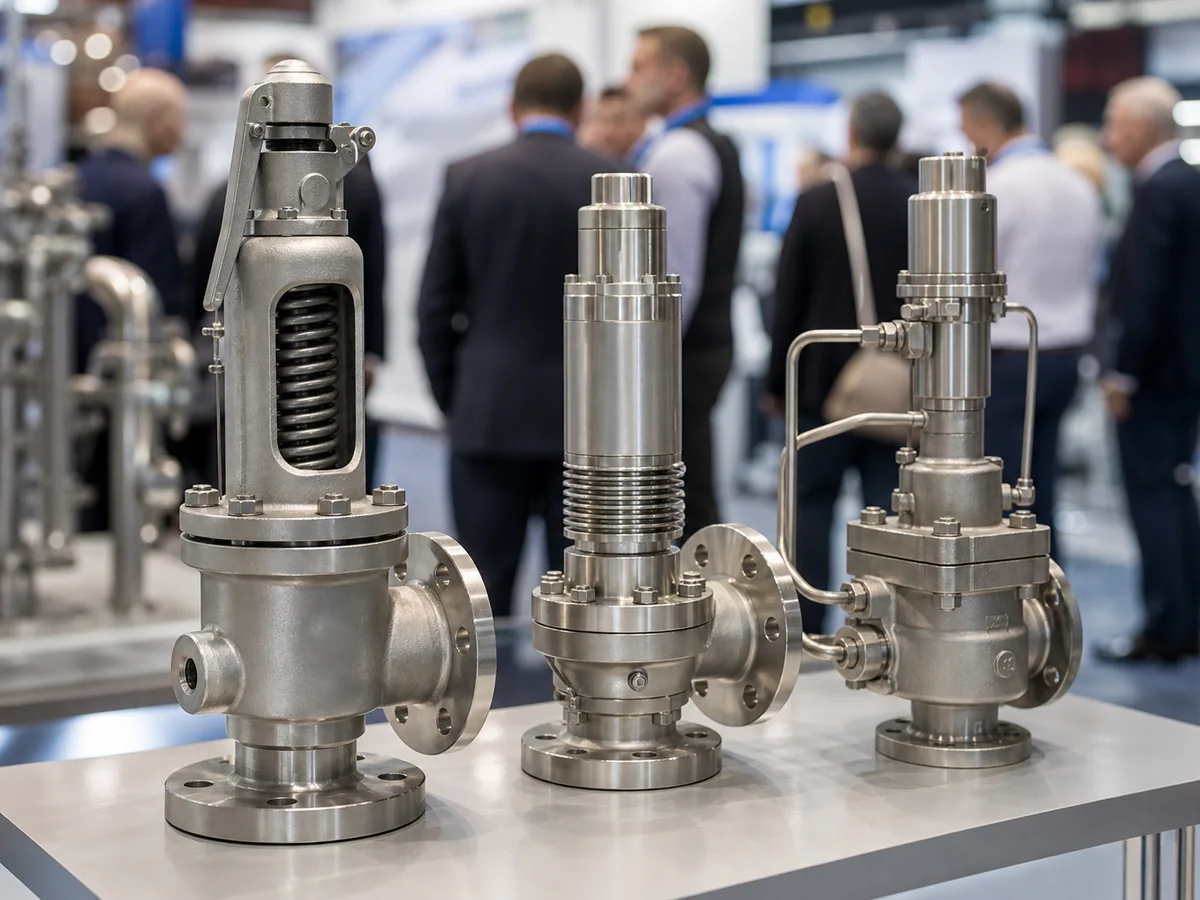 Spring loaded balanced bellows and pilot operated safety valves displayed at an exhibition