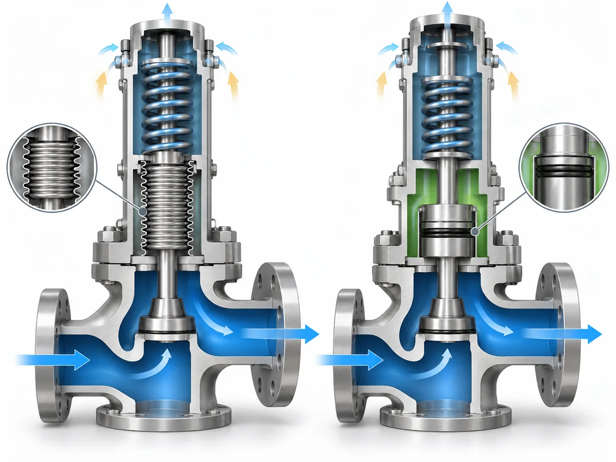 Balanced Bellows vs Piston Balanced Safety Valve - IMG-02 Pressure boundary, process isolation and bonnet vent comparison for balanced bellows and piston balanced safety valves.