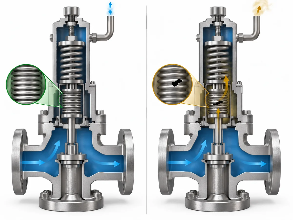 When a Bellows Balanced Valve Is Not the Right Solution - IMG-01 Simplified cutaway comparing intact and failed balanced bellows pressure relief valve states and the bonnet vent path.