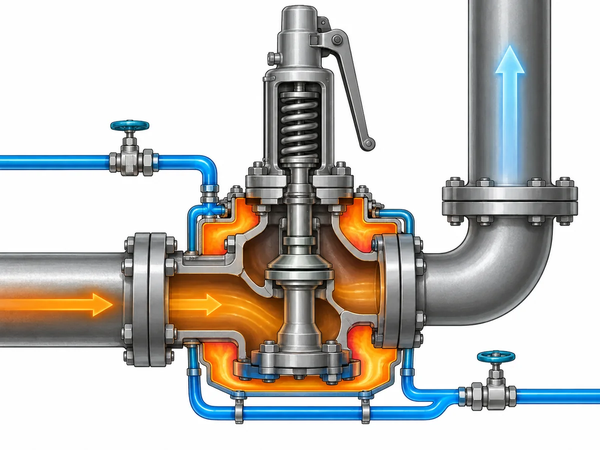 Conceptual comparison of a jacketed safety valve local heating boundary with the wider bitumen inlet and discharge system.