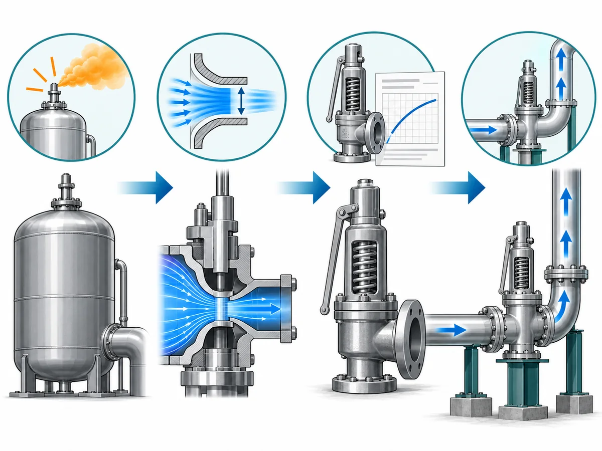 Conceptual chain from required blocked-outlet relief load through sizing area and documented valve capacity to installed-system verification.