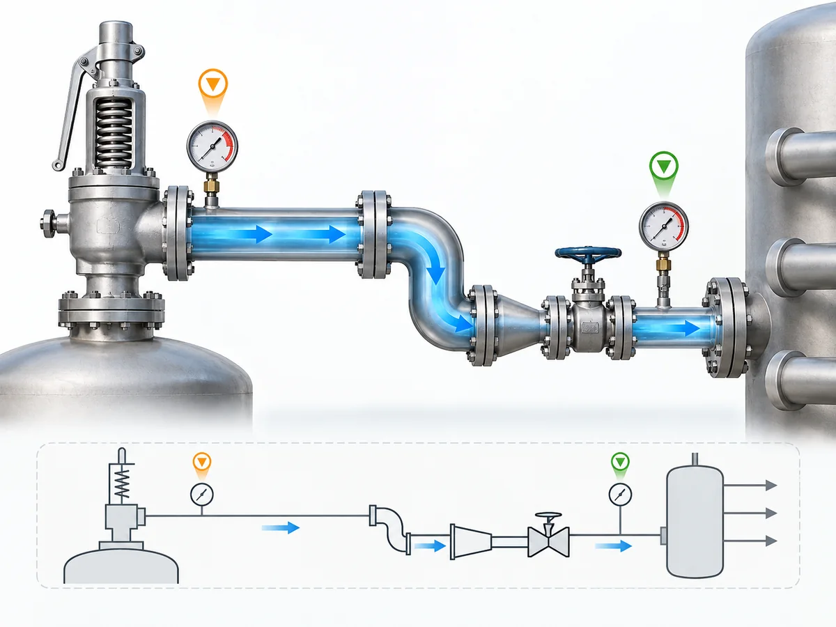 How to Calculate Built-Up Back Pressure in Safety Valve Discharge Piping - IMG-01 Confine di calcolo della tubazione di scarico della valvola di sicurezza con pressione all'uscita della valvola, resistenza della tubazione a valle e pressione terminale.