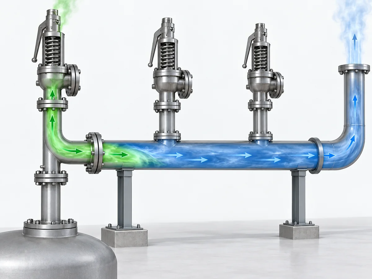 How to Calculate Built-Up Back Pressure in Safety Valve Discharge Piping - IMG-02 Collettore di sfioro comune con pressione a valle sovrapposta e contributo di pressione accumulata dal ramo di scarico di una valvola di sicurezza.