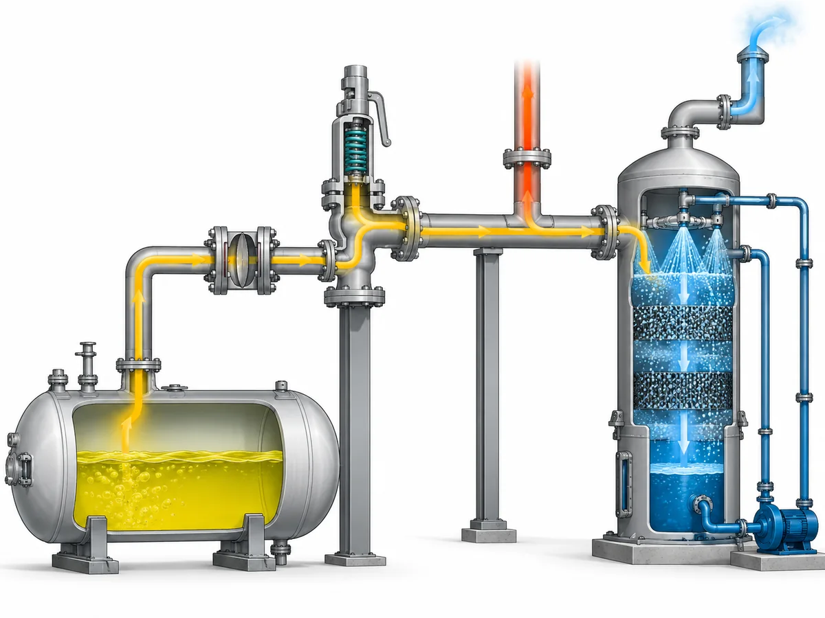 Safety Valves for Chlorine Service: Materials and Discharge Containment - Engineering Diagram 2 Conceptual chlorine relief path from protected equipment through an optional rupture disc and safety valve to downstream containment or treatment.