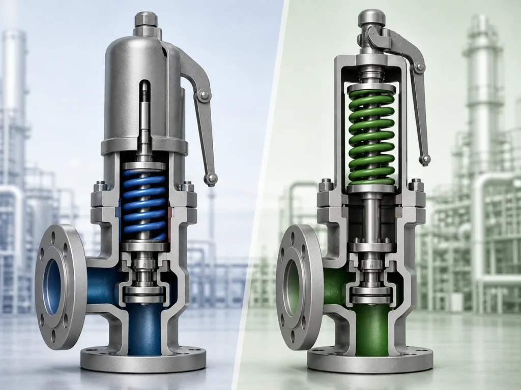 Conceptual comparison of closed-bonnet and open-bonnet safety-valve spring-chamber arrangements.